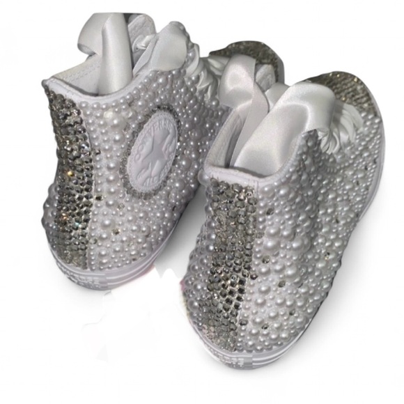 Crystal Diamonds & Pearls High Top Converse Sizes 5-14 New With Ribbon Laces - Picture 3 of 14